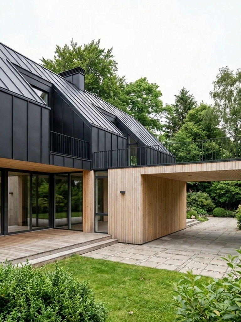 Green Harbor house with a black upper storey over a pale timber ground floor, terrace and garden.